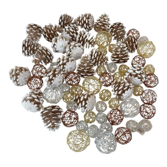 60- Assorted Shatterproof Ornaments 24 Gold Pinecones/ 36 Various Sz Metal Balls - Picture 1 of 4